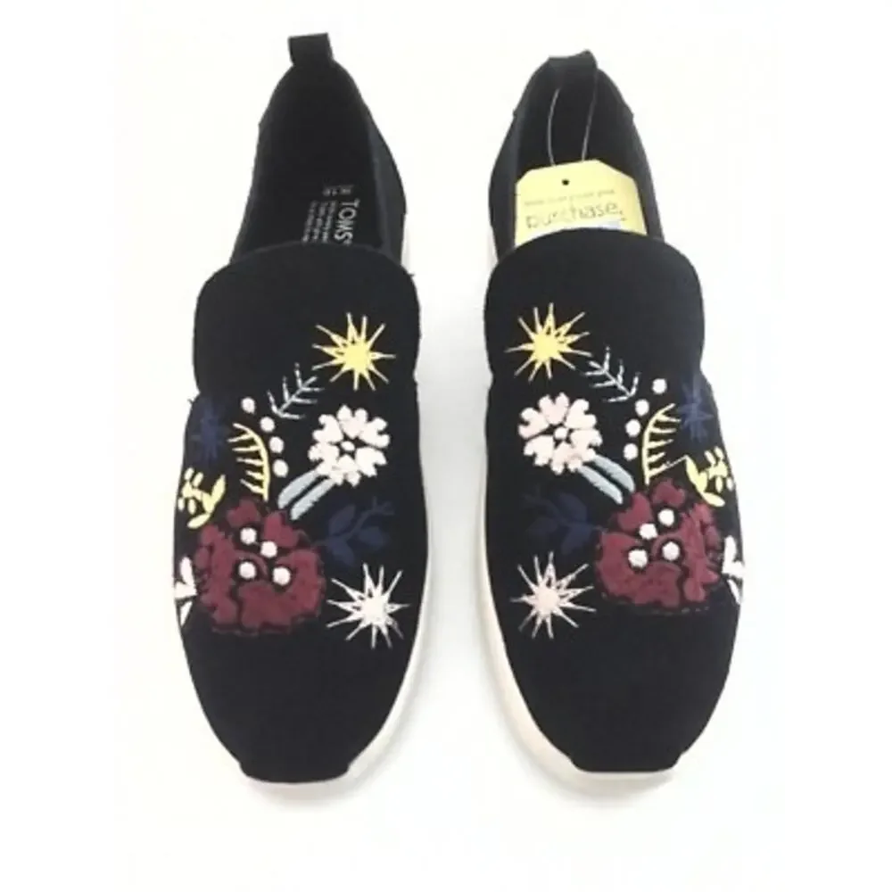TOMS Alpargata Black Suede Floral Embroidered Slip On Flats Size 8.5 Boho